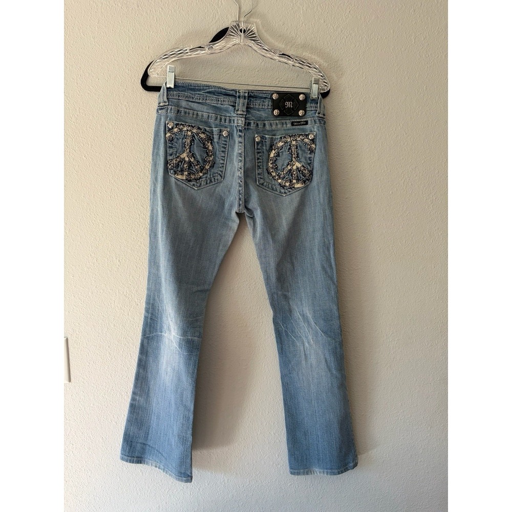 Miss Me Womens 29x28 Peace Sign Bling Embroidered Bootcut Jeans JP5356B Blue